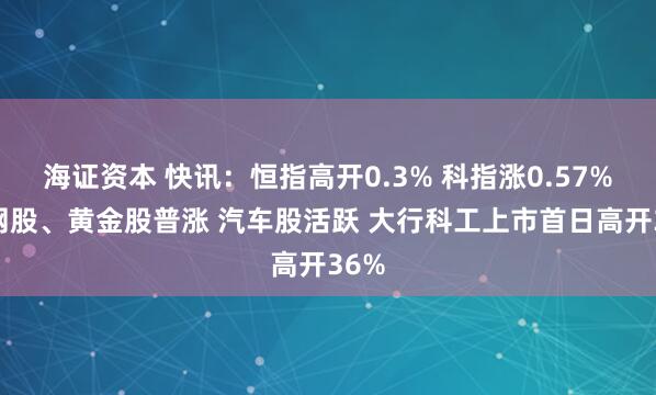 海证资本 快讯：恒指高开0.3% 科指涨0.57% 科网股、黄金股普涨 汽车股活跃 大行科工上市首日高开36%